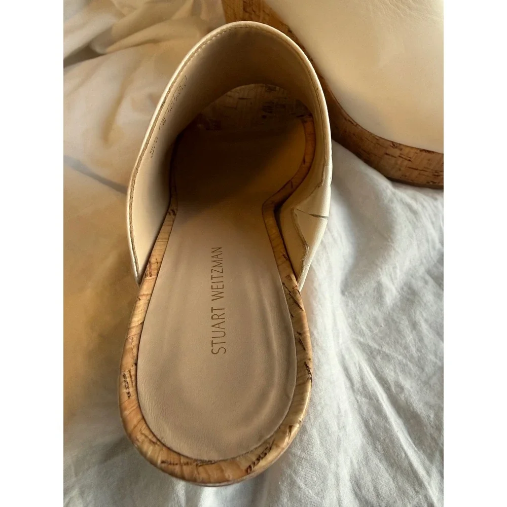 Stuart Weitzman Cream Leather Cork Platform Wedge Mules SH378 Size 9B - Picture 9 of 9